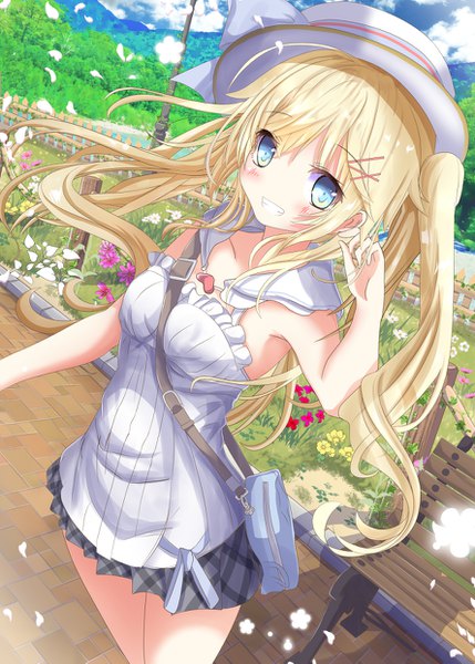 Anime picture 888x1243 with original aruka (alka p1) single long hair tall image looking at viewer blush fringe breasts blue eyes blonde hair smile hair between eyes standing twintails bare shoulders payot sky cloud (clouds) outdoors
