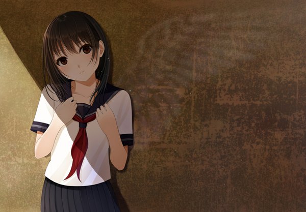 Anime picture 1089x758 with original kentaurosu single long hair looking at viewer black hair brown eyes girl uniform serafuku