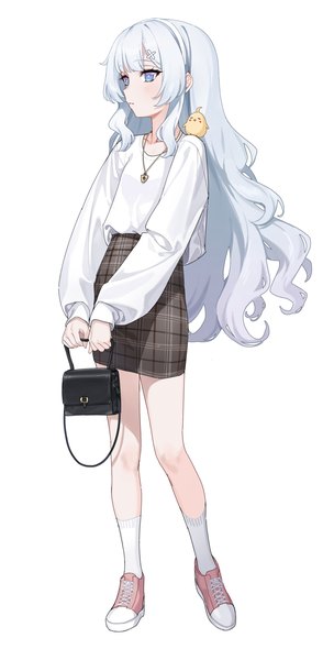 Anime picture 1690x3340 with azur lane manjuu (azur lane) le malin (azur lane) controlline3 single long hair tall image fringe blue eyes simple background standing white background looking away silver hair full body long sleeves alternate costume symbol-shaped pupils plaid skirt casual