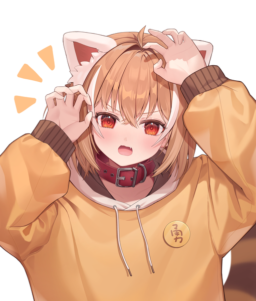 Anime picture 1500x1761 with original dayuh single tall image looking at viewer blush fringe short hair open mouth simple background hair between eyes red eyes brown hair white background animal ears upper body multicolored hair arms up streaked hair girl