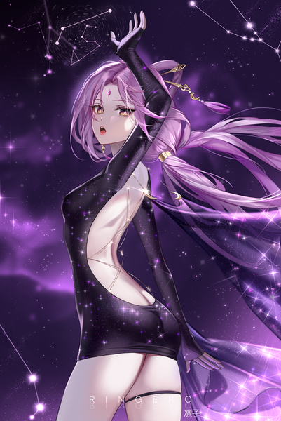 Anime picture 4649x6955 with honkai: star rail honkai (series) fu xuan (honkai: star rail) ringeko-chan single long hair tall image looking at viewer fringe highres open mouth light erotic standing twintails brown eyes signed pink hair absurdres ass long sleeves