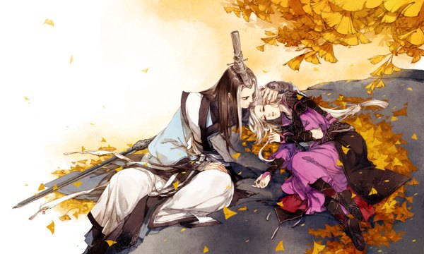 Anime picture 1276x766 with original ibuki satsuki long hair black hair blonde hair wide image sitting lying eyes closed traditional clothes multicolored hair two-tone hair couple hand on head yin yang girl boy weapon sword leaf (leaves)