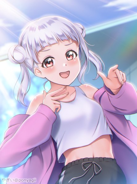 Anime picture 1047x1413 with hello!!! love live! sunrise (studio) love live! arashi chisato ponyagii single tall image looking at viewer blush fringe short hair breasts open mouth smile red eyes twintails bare shoulders signed sky silver hair