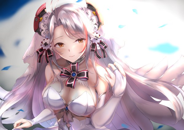 Anime picture 4961x3508 with azur lane prinz eugen (azur lane) prinz eugen (symphonic fate) (azur lane) numaguro (tomokun0808) single long hair looking at viewer blush fringe highres breasts light erotic simple background smile large breasts bare shoulders brown eyes absurdres silver hair upper body