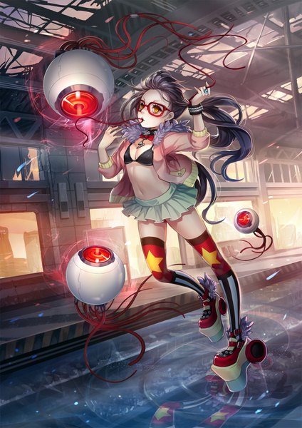 Anime picture 1336x1890 with original j.lili long hair tall image black hair ponytail open clothes open jacket midriff orange eyes mouth hold star print girl thighhighs navel miniskirt glasses boots bracelet star (symbol)