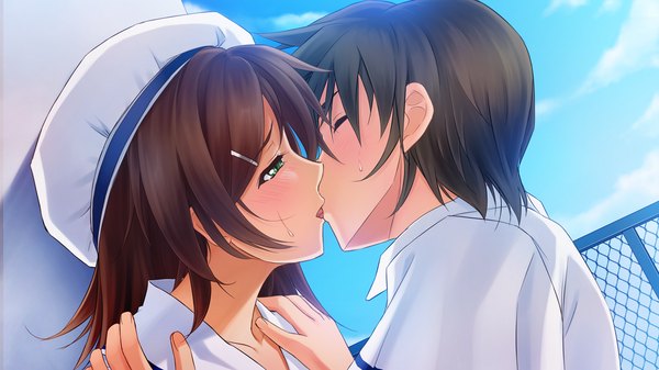 Anime picture 1280x720 with oshirikko venus ayame sakura blush short hair black hair wide image green eyes game cg kiss french kiss girl boy beret