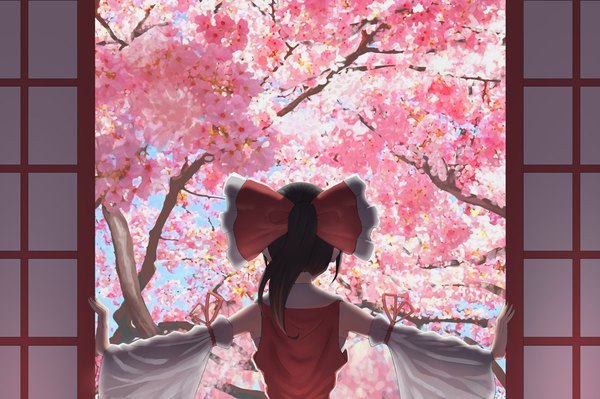 Anime-Bild 2000x1333 mit touhou hakurei reimu wilnus single long hair highres brown hair upper body ponytail from behind wide sleeves cherry blossoms girl bow plant (plants) hair bow detached sleeves tree (trees)