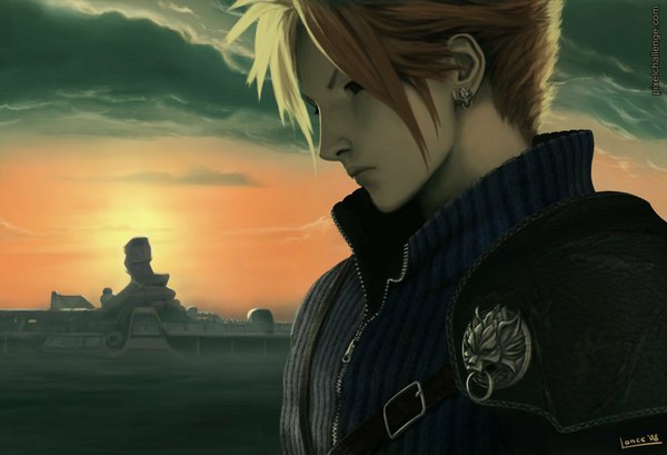 Anime picture 1160x792 with final fantasy vii advent children final fantasy vii cloud strife single short hair blonde hair cloud (clouds) profile evening sunset boy earrings