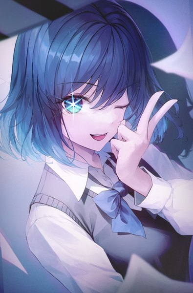 Anime picture 3318x5040 with oshi no ko kurokawa akane crystalherb single tall image looking at viewer fringe highres short hair open mouth simple background smile hair between eyes blue hair absurdres upper body long sleeves one eye closed arm up aqua eyes