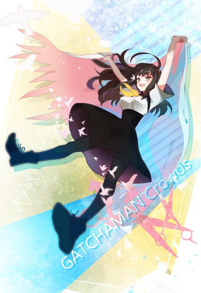 Anime picture 881x1280 with gatchaman crowds tatsunoko ichinose hajime nadir single long hair tall image looking at viewer open mouth brown hair brown eyes ahoge wind arms up copyright name flying girl uniform hair ornament school uniform