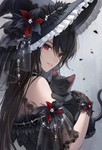Anime picture 1100x1613 with original plus1024 single long hair tall image looking at viewer fringe black hair hair between eyes red eyes holding upper body parted lips turning head girl gloves hat animal black gloves frills
