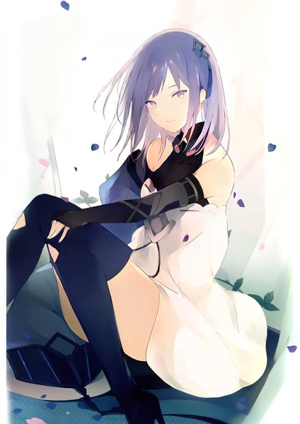 Anime-Bild 744x1052 mit iron saga teresa (iron saga) lpip single tall image looking at viewer fringe short hair simple background white background sitting purple eyes purple hair bent knee (knees) light smile girl dress hair ornament plant (plants) detached sleeves