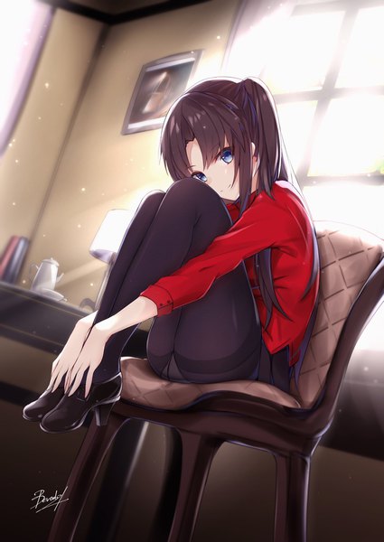Anime picture 1450x2048 with fate (series) fate/stay night toosaka rin bee doushi single long hair tall image fringe blue eyes light erotic black hair smile signed full body bent knee (knees) indoors head tilt sunlight two side up sunbeam