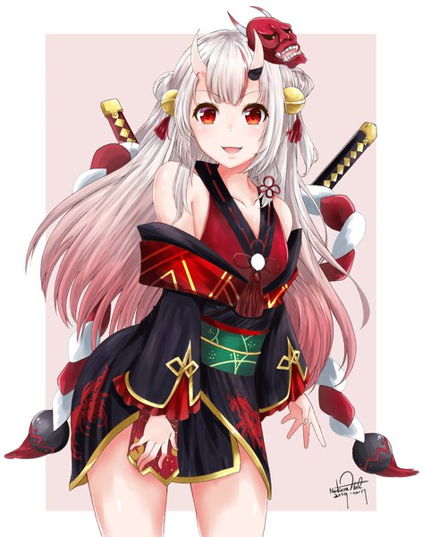 Anime picture 1500x1901 with virtual youtuber hololive nakiri ayame nakiri ayame (1st costume) nakura haru single long hair tall image looking at viewer blush fringe open mouth smile red eyes standing bare shoulders signed silver hair traditional clothes :d
