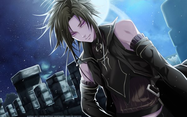 Anime picture 1920x1200 with wand of fortune wand of fortune 2 idea factory alvaro garay alenas single highres short hair black hair wide image purple eyes night boy detached sleeves moon star (stars)