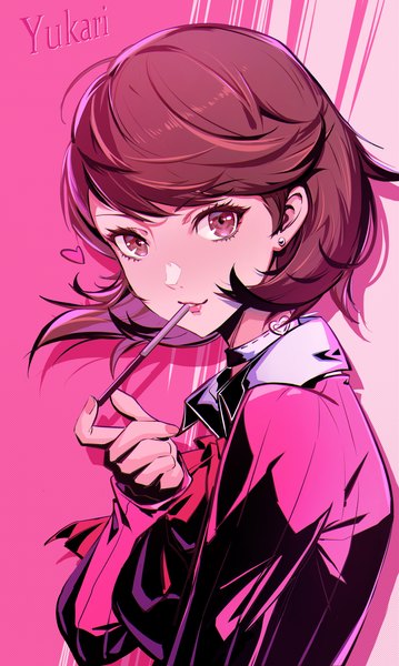 Anime picture 2750x4592 with persona 3 persona 3 reload persona takeba yukari kumo33 single tall image looking at viewer highres short hair brown hair brown eyes upper body character names girl food heart sweets pocky