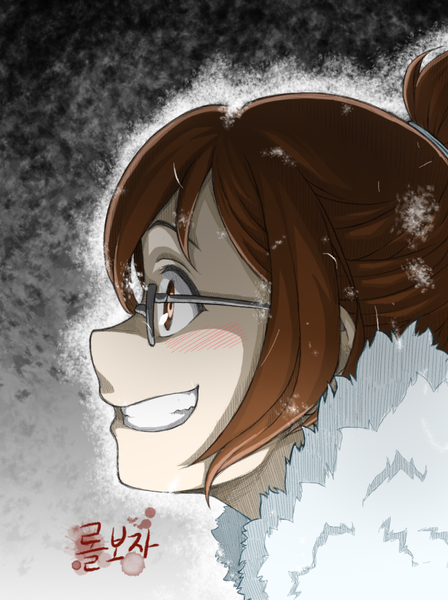 Anime picture 720x964 with overwatch blizzard entertainment mei (overwatch) lolboja single long hair tall image blush fringe smile hair between eyes brown hair brown eyes signed profile fur trim dark background close-up clenched teeth outline