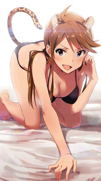 Anime picture 1000x1777 with idolmaster idolmaster million live! tokoro megumi h@ll single long hair tall image looking at viewer blush breasts open mouth blue eyes light erotic brown hair standing animal ears ahoge tail teeth fang (fangs)