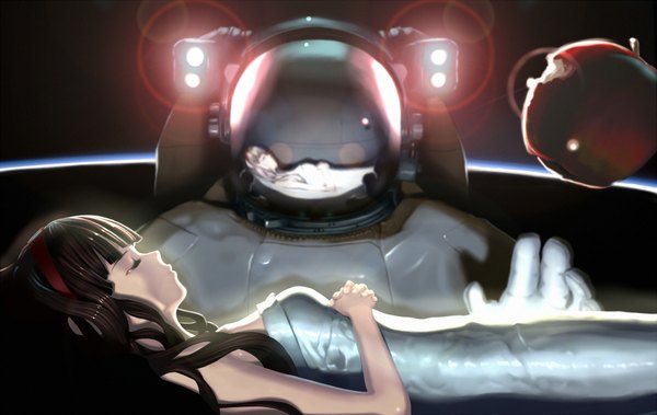 イラスト 1920x1214 と オリジナル tororoto 長髪 highres 黒髪 lying eyes closed 女の子 ドレス リンゴ spacesuit