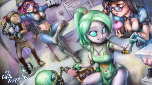 Anime picture 1920x1080 with league of legends caitlyn (league of legends) vi (league of legends) orianna (league of legends) phantom (ptcrow) long hair highres short hair breasts light erotic black hair smile wide image purple eyes multiple girls brown eyes green eyes pink hair cleavage green hair