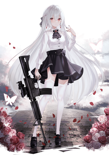 Anime picture 2894x4093 with original ymkrnchan single long hair tall image looking at viewer blush fringe highres hair between eyes red eyes standing holding full body outdoors white hair braid (braids) long sleeves nail polish arm up