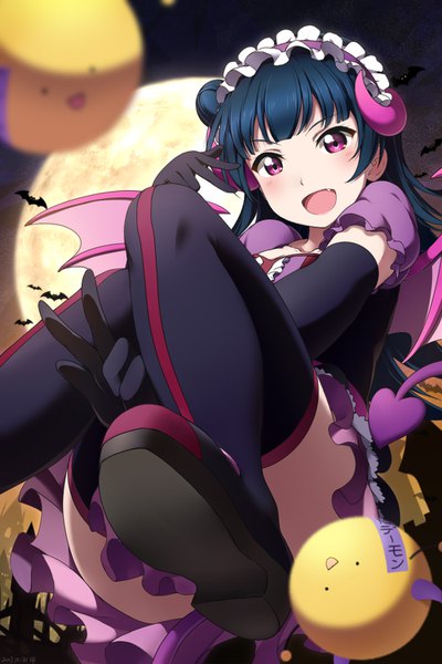 Anime picture 1000x1500 with love live! sunshine!! sunrise (studio) love live! tsushima yoshiko shiimai single long hair tall image looking at viewer blush open mouth purple eyes blue hair hair bun (hair buns) halloween bat wings convenient leg girl thighhighs dress