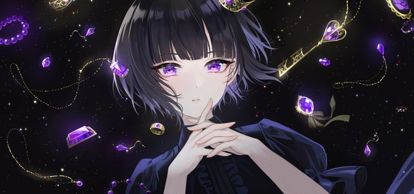 Anime picture 2359x1110 with idolmaster idolmaster cinderella girls idolmaster cinderella girls starlight stage shirayuki chiyo mairo (ilo) single looking at viewer blush fringe highres short hair black hair wide image purple eyes upper body blunt bangs parted lips puffy sleeves interlocked fingers girl