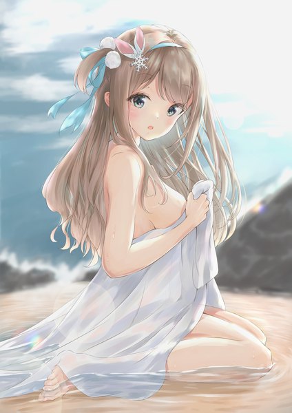 Anime picture 2042x2892 with girls frontline suomi kp31 (girls frontline) lanzi (lanzi vt) single long hair tall image blush highres breasts blue eyes light erotic brown hair sitting outdoors one side up partially submerged lens flare wariza covering girl