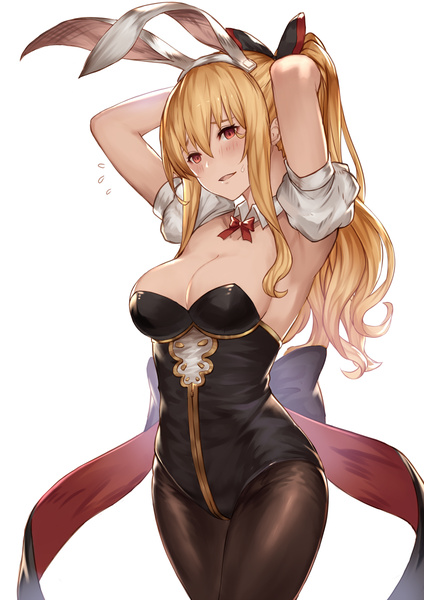 Anime picture 848x1200 with granblue fantasy vira lilie lialight single long hair tall image blush fringe breasts open mouth light erotic blonde hair hair between eyes red eyes large breasts animal ears ponytail head tilt arms up armpit (armpits)