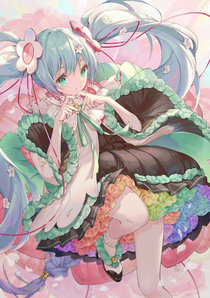Anime picture 1100x1556 with vocaloid magical mirai (vocaloid) hatsune miku magical mirai miku magical mirai miku (2021) ouu min single tall image looking at viewer fringe hair between eyes twintails bent knee (knees) very long hair hair flower aqua eyes from above aqua hair heart hands girl