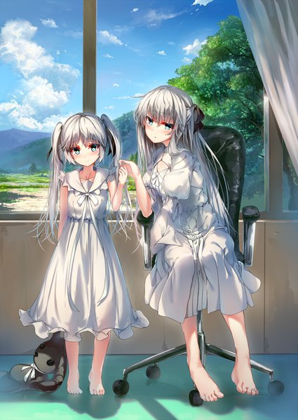 Anime picture 752x1062 with yosuga no sora kasugano sora wingheart long hair tall image looking at viewer fringe blue eyes hair between eyes standing sitting twintails multiple girls sky silver hair cloud (clouds) full body indoors barefoot dual persona