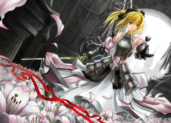 Anime picture 1680x1210 with fate (series) fate/stay night fate/unlimited codes studio deen type-moon artoria pendragon (all) saber saber lily single long hair fringe blonde hair green eyes ponytail girl dress gloves flower (flowers) weapon detached sleeves