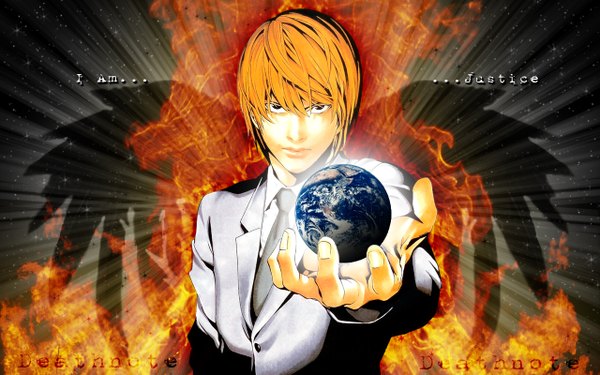 Anime picture 1280x800 with death note madhouse yagami light looking at viewer short hair brown hair wide image black eyes inscription light boy wings fire earth