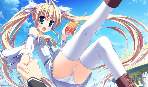 Anime picture 1024x600 with angel ring mcdonald's mika alsted heine yamakaze ran blue eyes light erotic blonde hair wide image twintails game cg pantyshot girl thighhighs white thighhighs food
