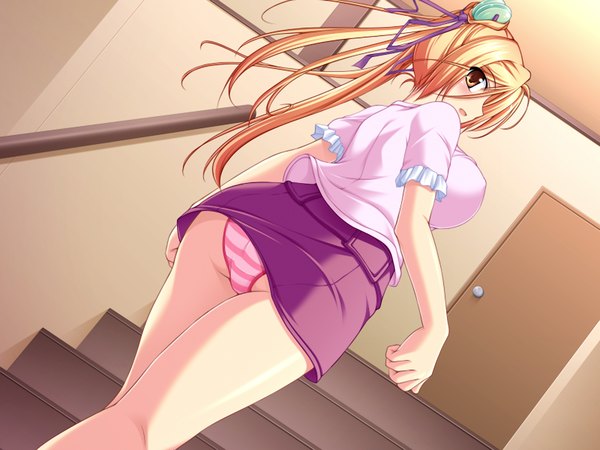 Anime picture 1200x900 with breasts light erotic blonde hair large breasts yellow eyes game cg looking back pantyshot girl underwear panties ribbon (ribbons) stairs
