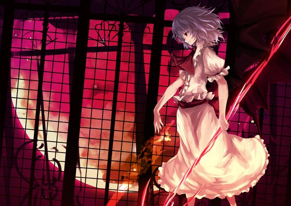 Anime picture 1500x1060 with touhou remilia scarlet asagi shii single fringe short hair red eyes holding purple hair indoors profile light smile puffy sleeves bat wings red moon girl skirt weapon wings frills