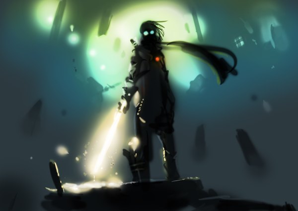 Anime picture 3508x2480 with original okuto single highres standing green eyes absurdres full body wind blurry glowing glowing eye (eyes) silhouette ambiguous gender weapon sword scarf energy sword lightsaber