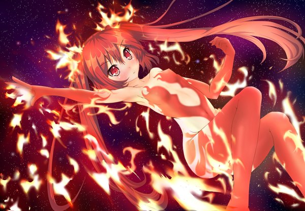 イラスト 1730x1200 と 這いよれ!ニャル子さん クー子 f yuunny ソロ 長髪 赤面 highres light erotic 赤い目 ツインテール 赤髪 glowing 女の子 火