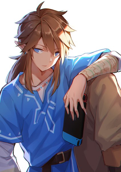 Anime picture 919x1300 with the legend of zelda the legend of zelda: breath of the wild nintendo link quan (kurisu tina) single long hair tall image looking at viewer fringe blue eyes simple background hair between eyes brown hair white background sitting pointy ears low ponytail elf boy