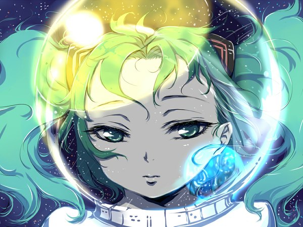 Anime picture 1119x840 with vocaloid hatsune miku mututu (artist) single long hair twintails aqua eyes aqua hair reflection space girl star (stars) earth spacesuit