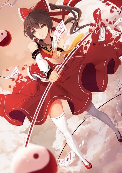 Anime picture 1200x1696 with touhou hakurei reimu yingji (zszero) single long hair tall image looking at viewer black hair yellow eyes traditional clothes miko girl thighhighs skirt bow hair bow detached sleeves white thighhighs skirt set ofuda