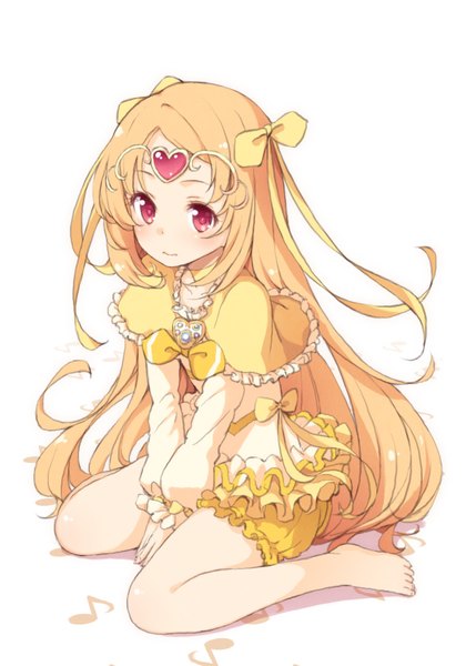 Anime picture 722x1010 with precure suite precure toei animation shirabe ako cure muse (yellow) tokunou shoutarou single long hair tall image looking at viewer blush simple background blonde hair white background sitting pink eyes barefoot from above wariza magical girl