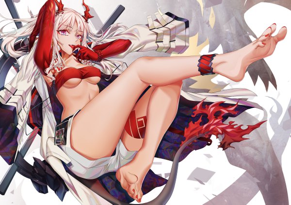 Anime picture 4960x3507 with arknights nian (arknights) xo (xo17800108) single long hair looking at viewer fringe highres breasts open mouth light erotic hair between eyes large breasts absurdres full body bent knee (knees) white hair red hair nail polish pink eyes