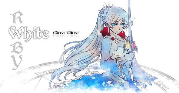 Anime picture 1024x533 with rwby rooster teeth weiss schnee single long hair fringe blue eyes wide image white background white hair ponytail long sleeves magic side ponytail girl dress weapon earrings sword pendant