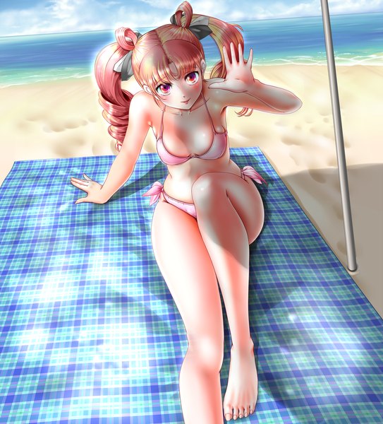 Anime picture 2319x2560 with bishoujo senshi sailor moon toei animation chibiusa miharin (artist) single long hair tall image looking at viewer blush highres breasts light erotic purple eyes twintails pink hair beach drill hair girl ribbon (ribbons) swimsuit