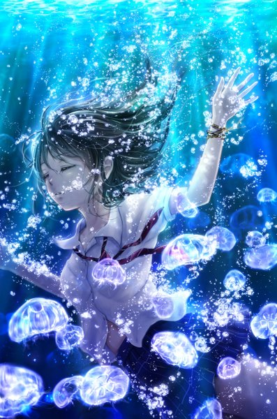 Anime picture 795x1200 with original nuwanko single long hair tall image black hair eyes closed underwater girl skirt shirt bubble (bubbles)