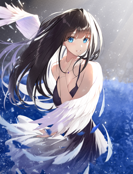 Anime picture 3000x3913 with original star741 single long hair tall image looking at viewer blush fringe highres breasts blue eyes black hair smile hair between eyes large breasts standing bare shoulders payot cleavage head tilt