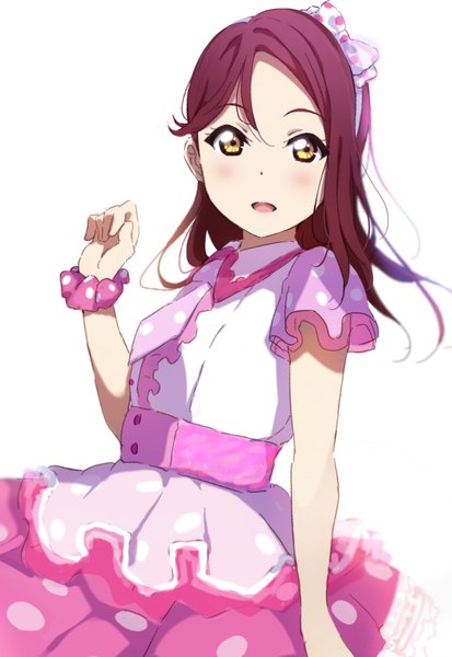 Anime picture 1223x1777 with love live! sunshine!! sunrise (studio) love live! sakurauchi riko icehotmilktea single long hair tall image looking at viewer blush fringe open mouth simple background hair between eyes standing white background yellow eyes red hair short sleeves polka dot