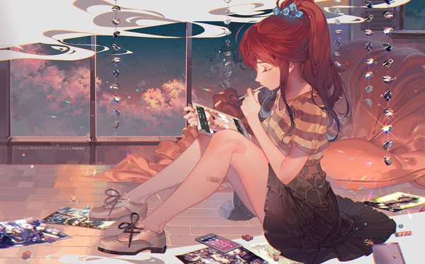 Anime picture 1024x637 with original rosuuri kawacy single long hair wide image holding payot sky bent knee (knees) ponytail red hair indoors eyes closed pleated skirt bare legs smoke striped polka dot happy birthday
