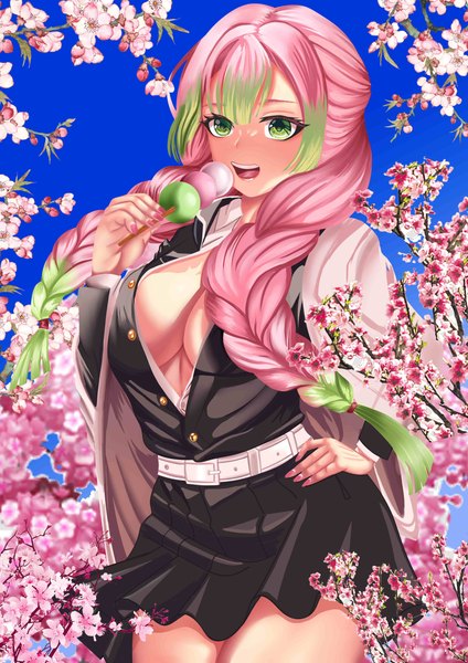 Anime picture 3508x4961 with kimetsu no yaiba ufotable kanroji mitsuri ronikx art single long hair tall image looking at viewer blush fringe highres breasts open mouth light erotic large breasts standing green eyes pink hair absurdres cleavage